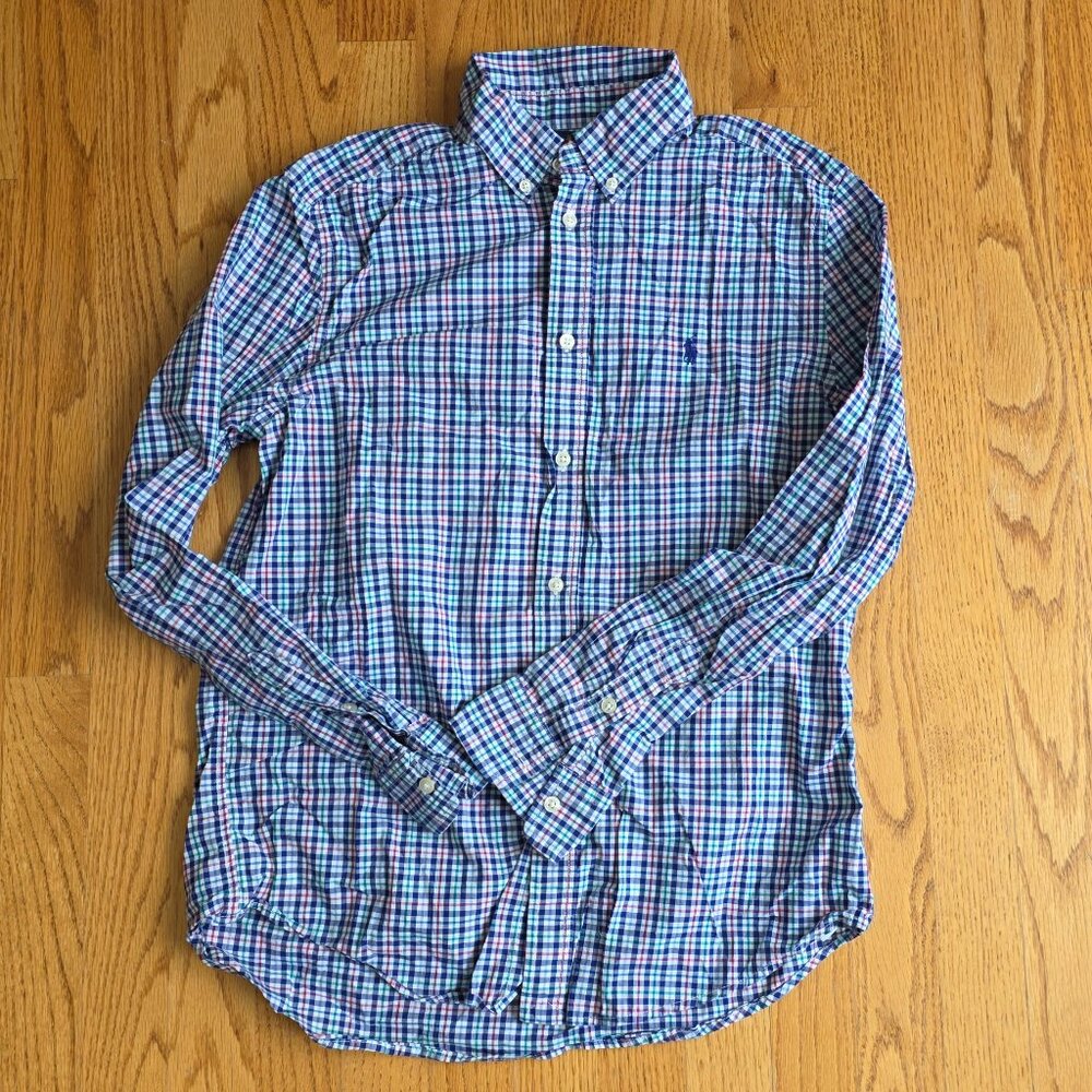 RALPH LAUREN Boys Plaid Button Down Casual Shirt | 18 | Blue White Red Green